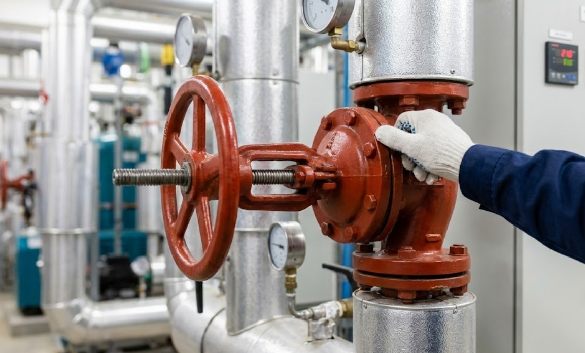 Técnico operando válvula industrial de vapor en planta: soporte y contacto especializado MISCO.
