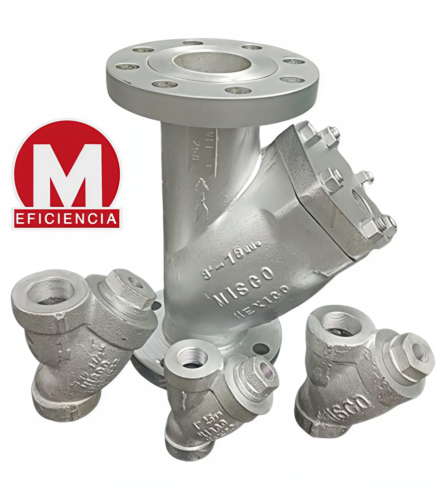 Filtros tipo Y industriales MISCO en acero inoxidable y fierro fundido para protección de válvulas y tuberías.