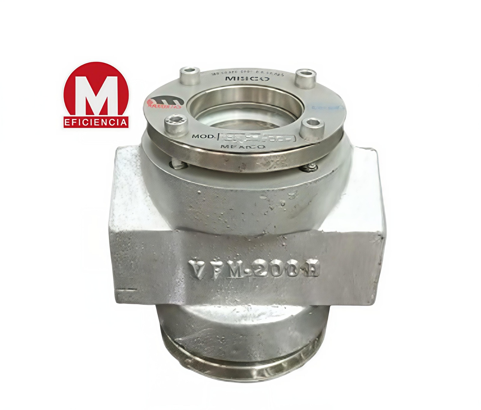 Visor de flujo industrial MISCO modelo VFM-200 para monitoreo de líquidos y vapor en tuberías de proceso.