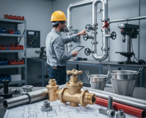 Guía técnica de instalación de válvulas reguladoras de presión MISCO con componentes de ingeniería térmica.