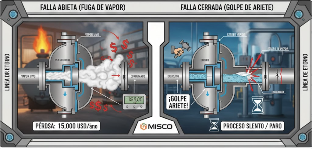 Infografía comparativa de fallas en trampas de vapor: fuga de energía en falla abierta y golpe de ariete en falla cerrada.