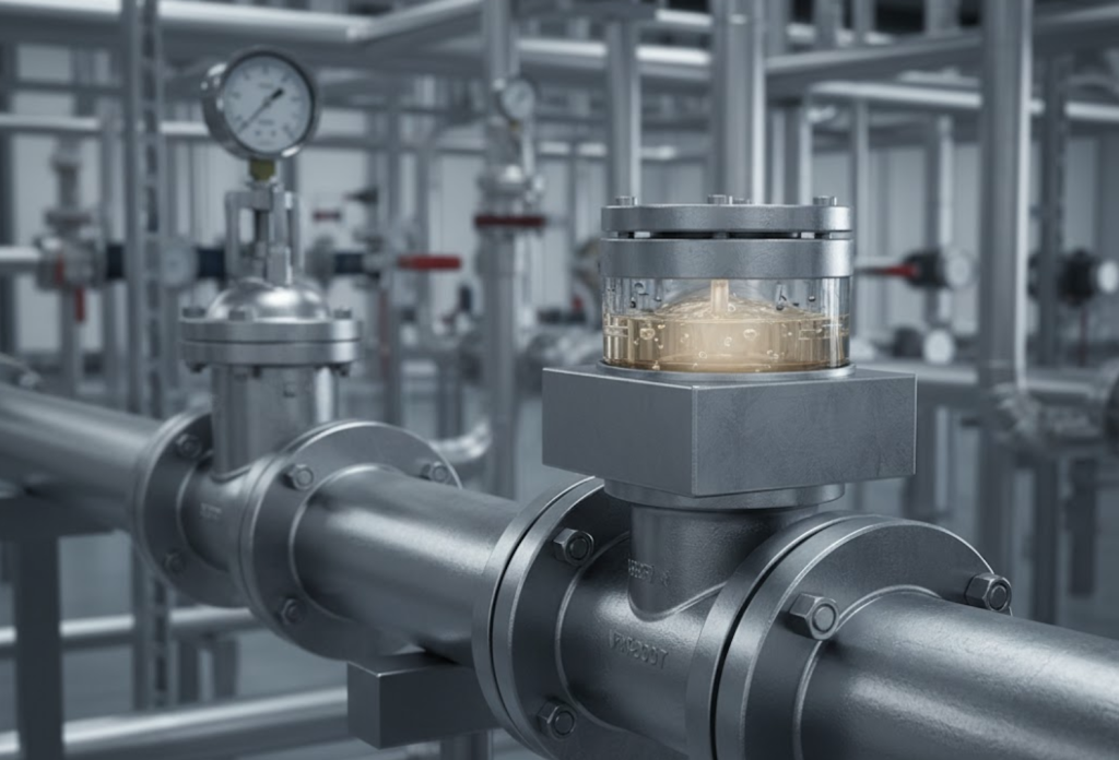 Visor de flujo industrial tipo goteo instalado en una línea de tuberías de acero inoxidable para inspección de fluidos.